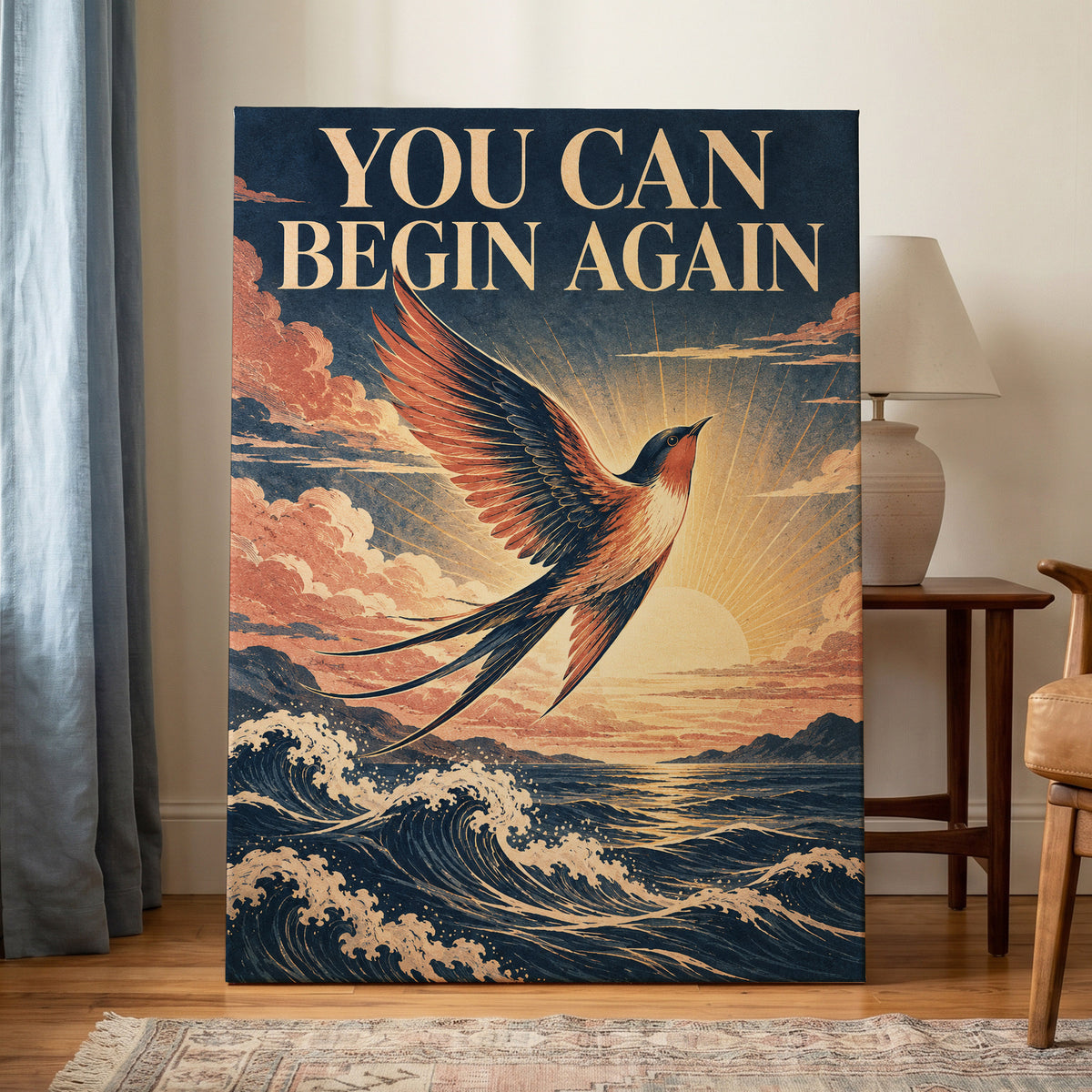 Dawnward Flight, blue, beige, orange nature wall art on canvas displayed in a styled interior, gallery view 1