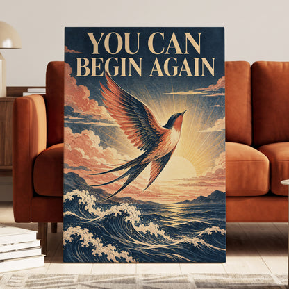 Dawnward Flight, blue, beige, orange nature wall art on canvas displayed in a styled interior, gallery view 2