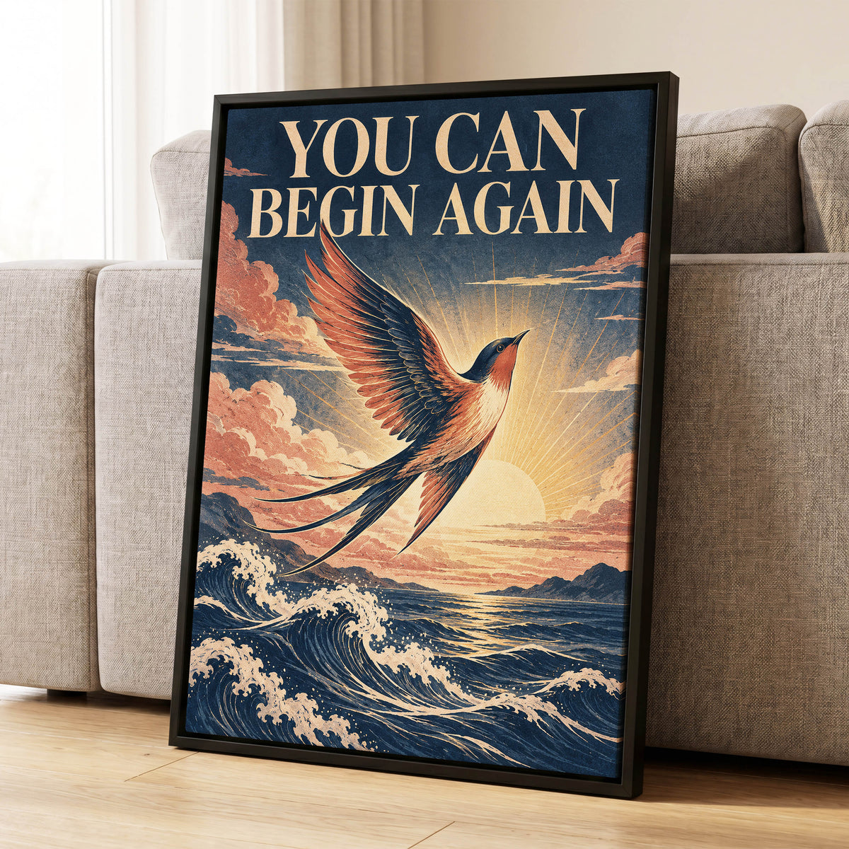 Dawnward Flight, blue, beige, orange nature wall art displayed in a styled interior, gallery view 1