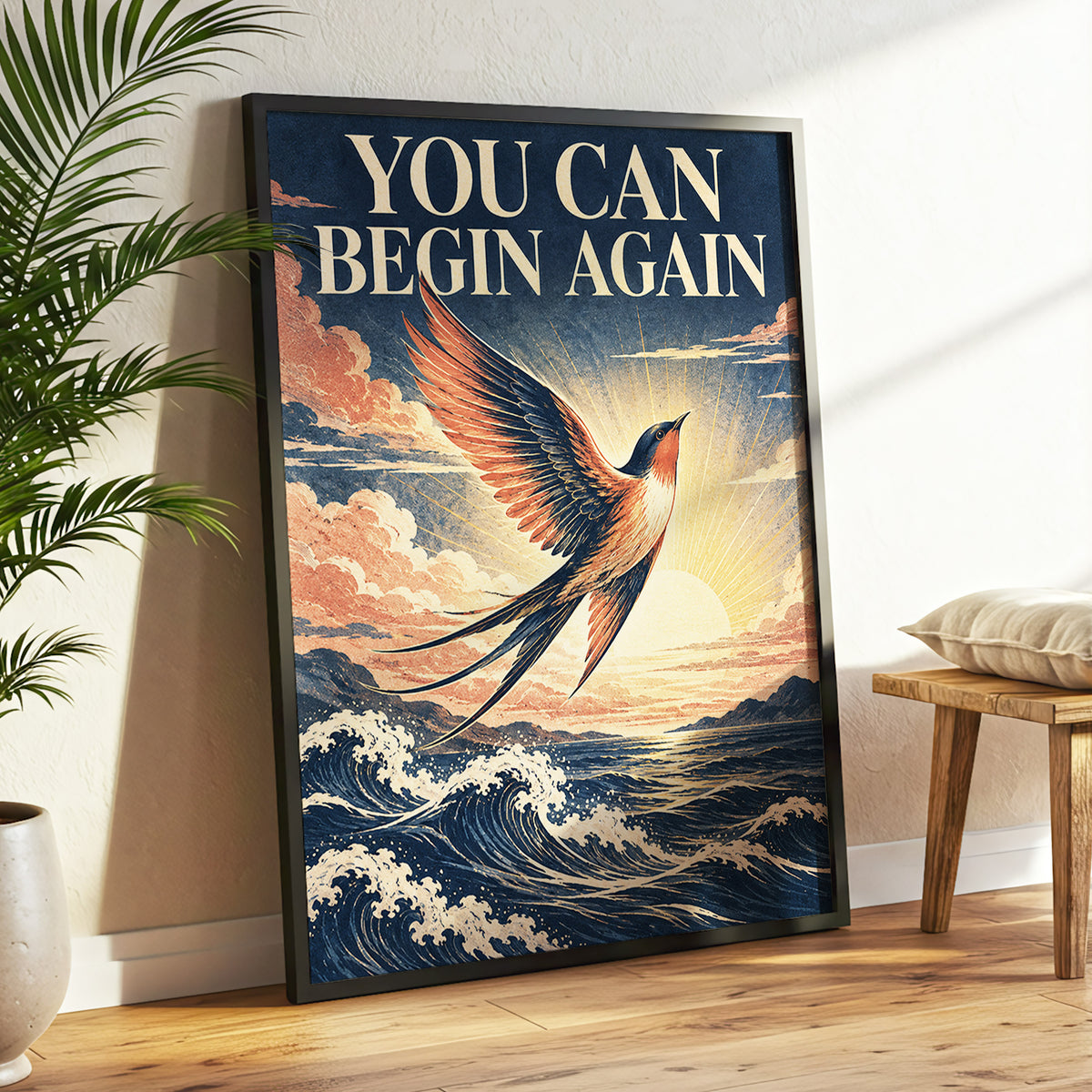 Dawnward Flight, blue, beige, orange nature wall art displayed in a styled interior, gallery view 2