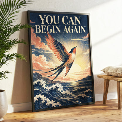 Dawnward Flight, blue, beige, orange nature wall art displayed in a styled interior, gallery view 2