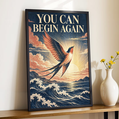 Dawnward Flight, blue, beige, orange nature wall art displayed in a styled interior, gallery view 3