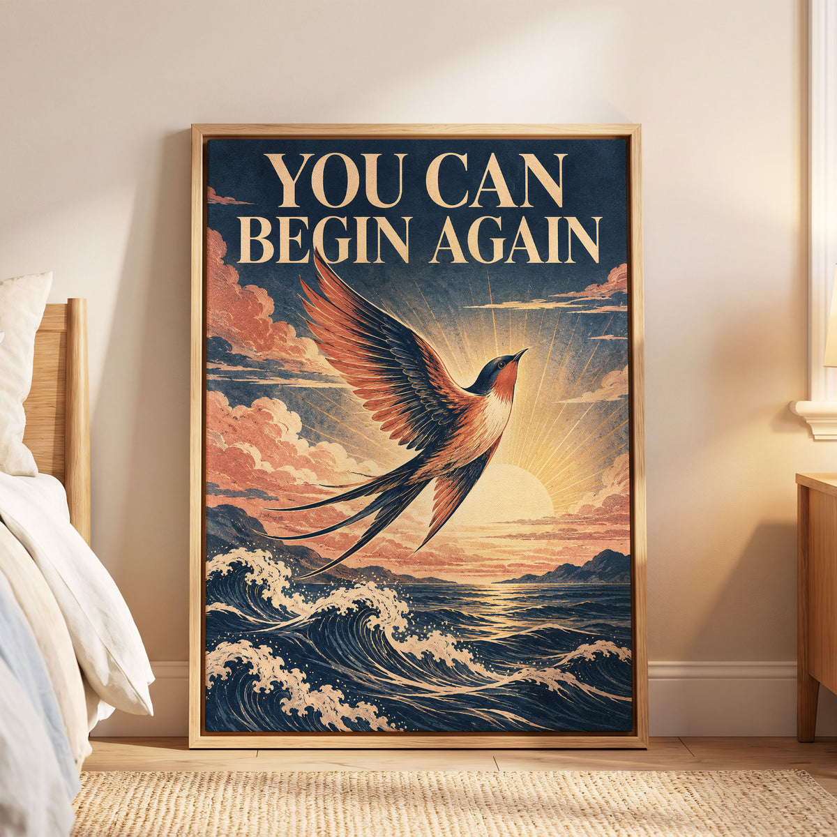Dawnward Flight, blue, beige, orange nature wall art displayed in a styled interior, gallery view 5