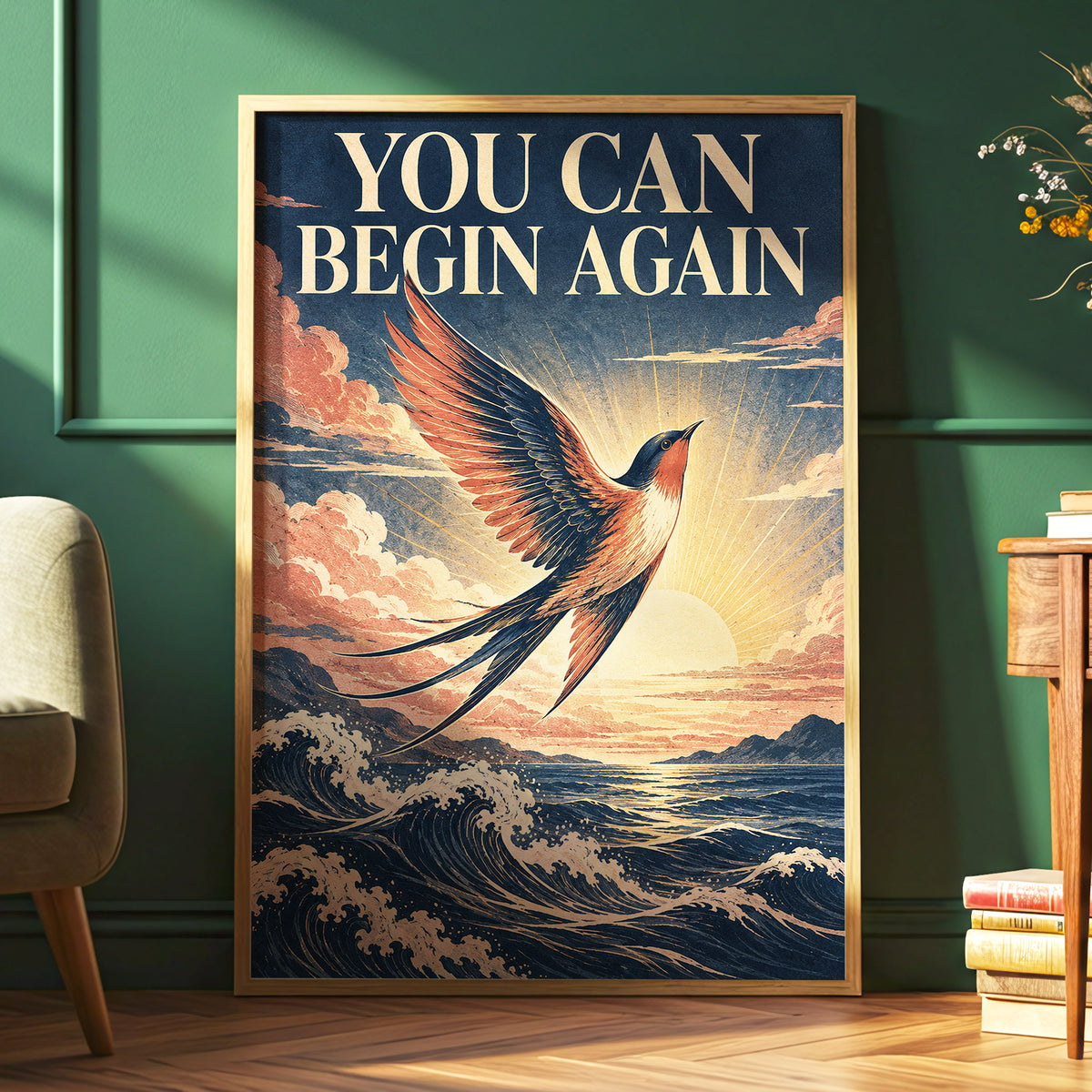 Dawnward Flight, blue, beige, orange nature wall art displayed in a styled interior, gallery view 6