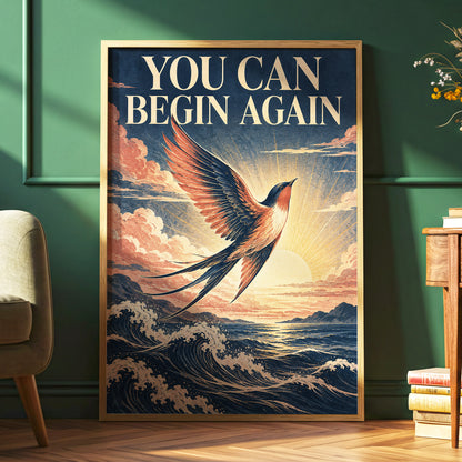 Dawnward Flight, blue, beige, orange nature wall art displayed in a styled interior, gallery view 6