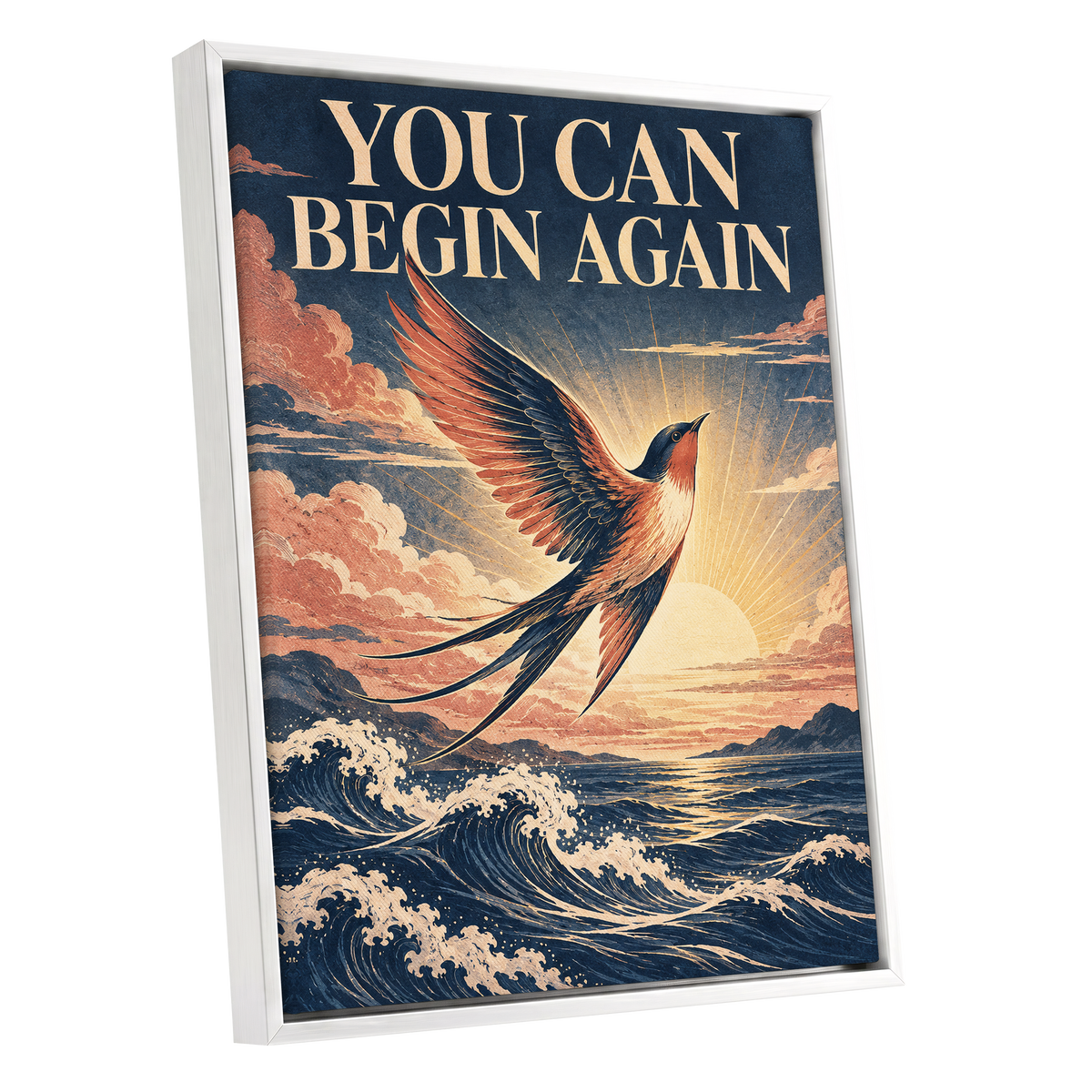 Dawnward Flight, blue, beige, orange nature wall art shown as a white framed canvas wall art