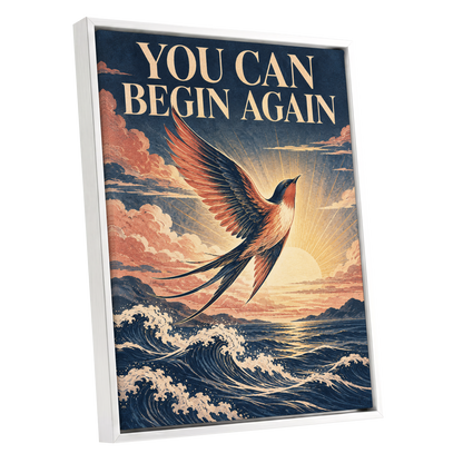 Dawnward Flight, blue, beige, orange nature wall art shown as a white framed canvas wall art