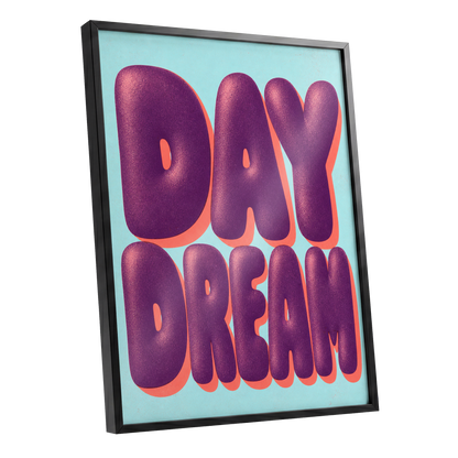Daydream in Violet, purple, blue, orange minimalist wall art shown as a black framed poster wall art print