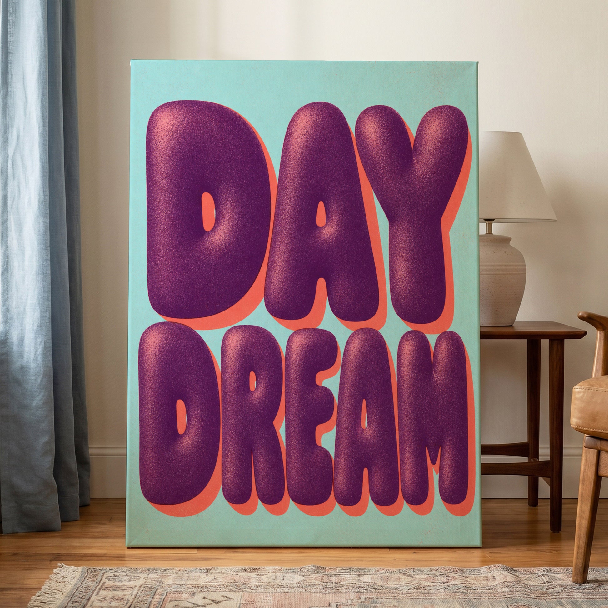 Daydream in Violet, purple, blue, orange minimalist wall art on canvas displayed in a styled interior, gallery view 1