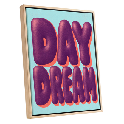 Daydream in Violet, purple, blue, orange minimalist wall art shown as a oak framed canvas wall art