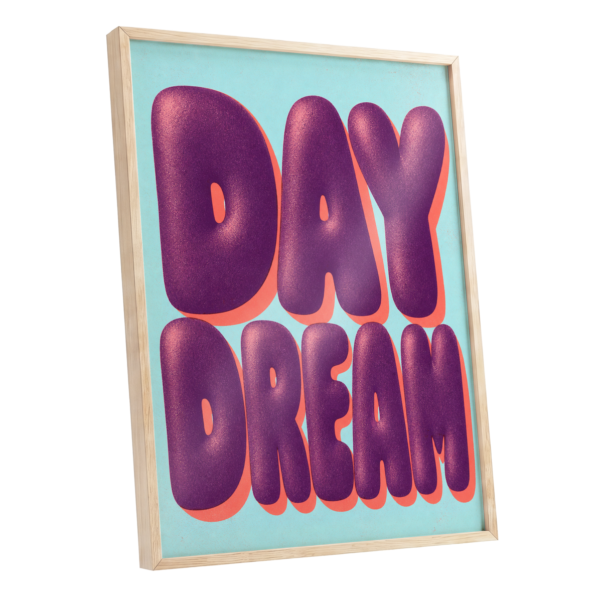 Daydream in Violet, purple, blue, orange minimalist wall art shown as a oak framed poster wall art print