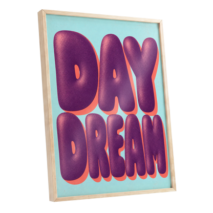 Daydream in Violet, purple, blue, orange minimalist wall art shown as a oak framed poster wall art print