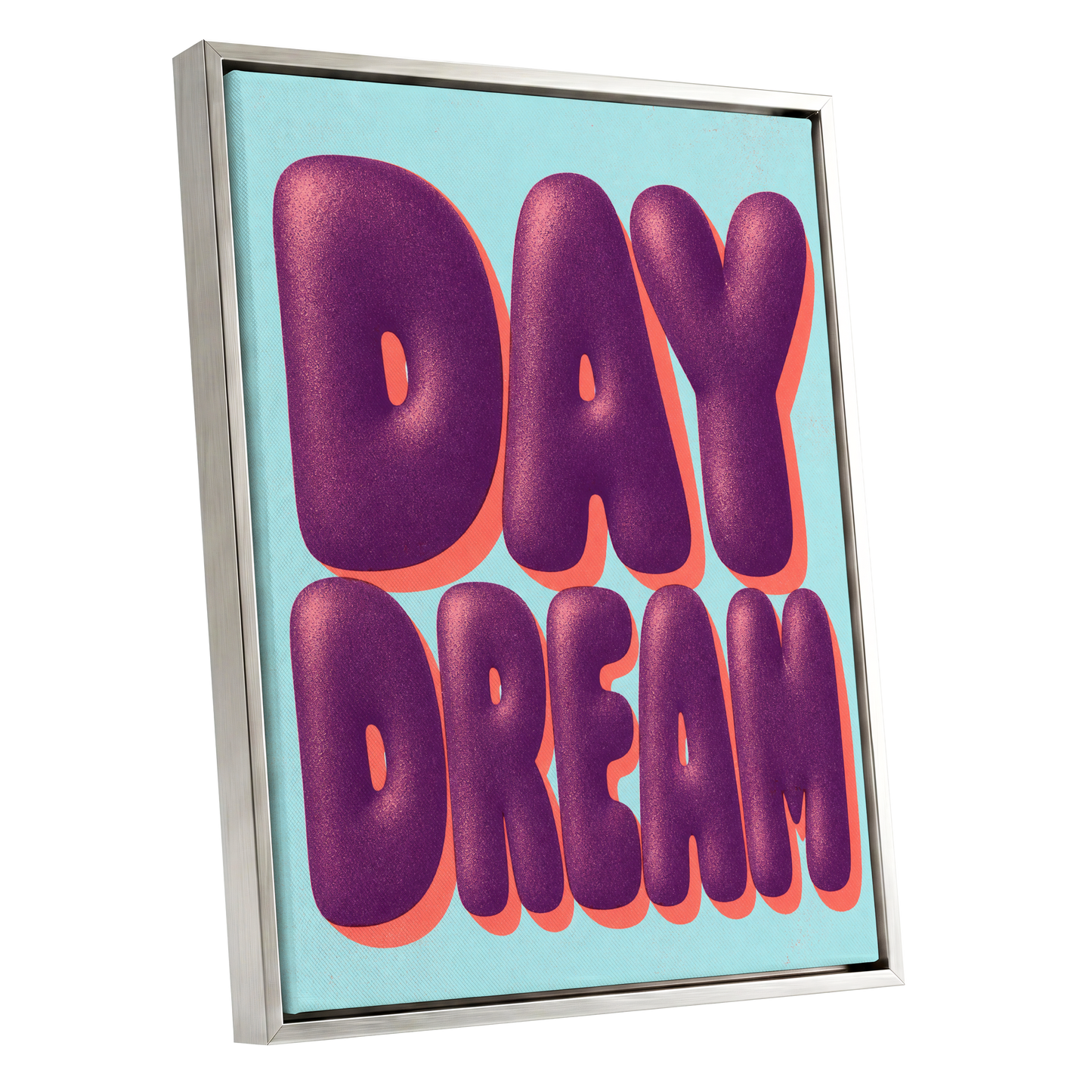 Daydream in Violet, purple, blue, orange minimalist wall art shown as a silver framed canvas wall art