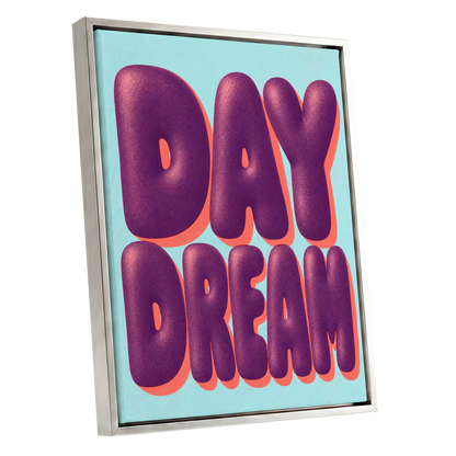 Daydream in Violet, purple, blue, orange minimalist wall art shown as a silver framed canvas wall art