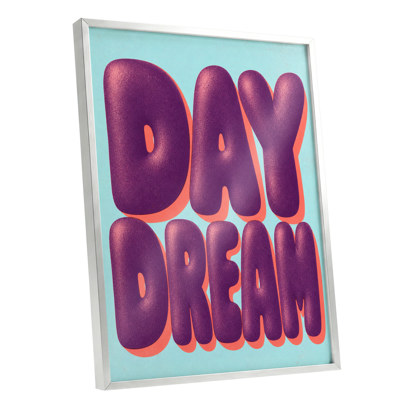 Daydream in Violet, purple, blue, orange minimalist wall art shown as a silver framed poster wall art print