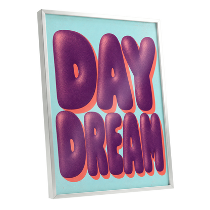 Daydream in Violet, purple, blue, orange minimalist wall art shown as a silver framed poster wall art print
