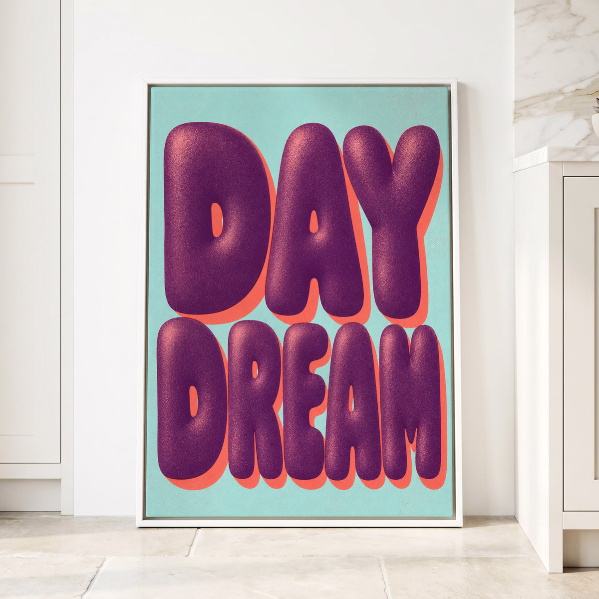 Daydream in Violet, purple, blue, orange minimalist wall art displayed in a styled interior, gallery view 1