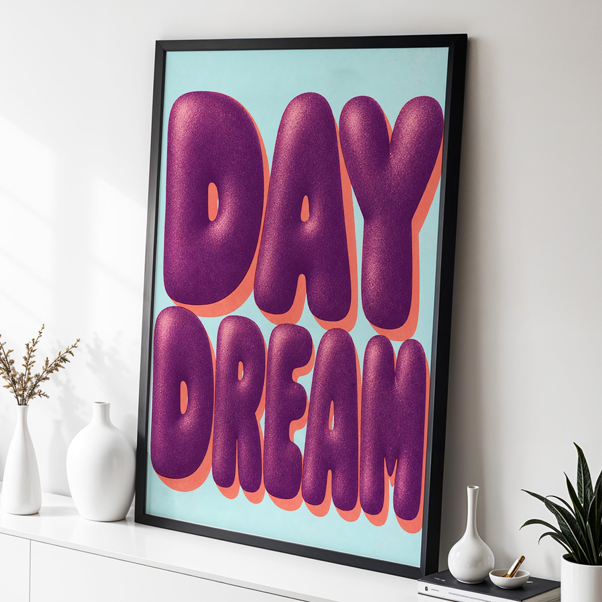 Daydream in Violet, purple, blue, orange minimalist wall art displayed in a styled interior, gallery view 3