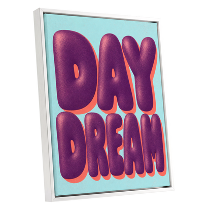 Daydream in Violet, purple, blue, orange minimalist wall art shown as a white framed canvas wall art