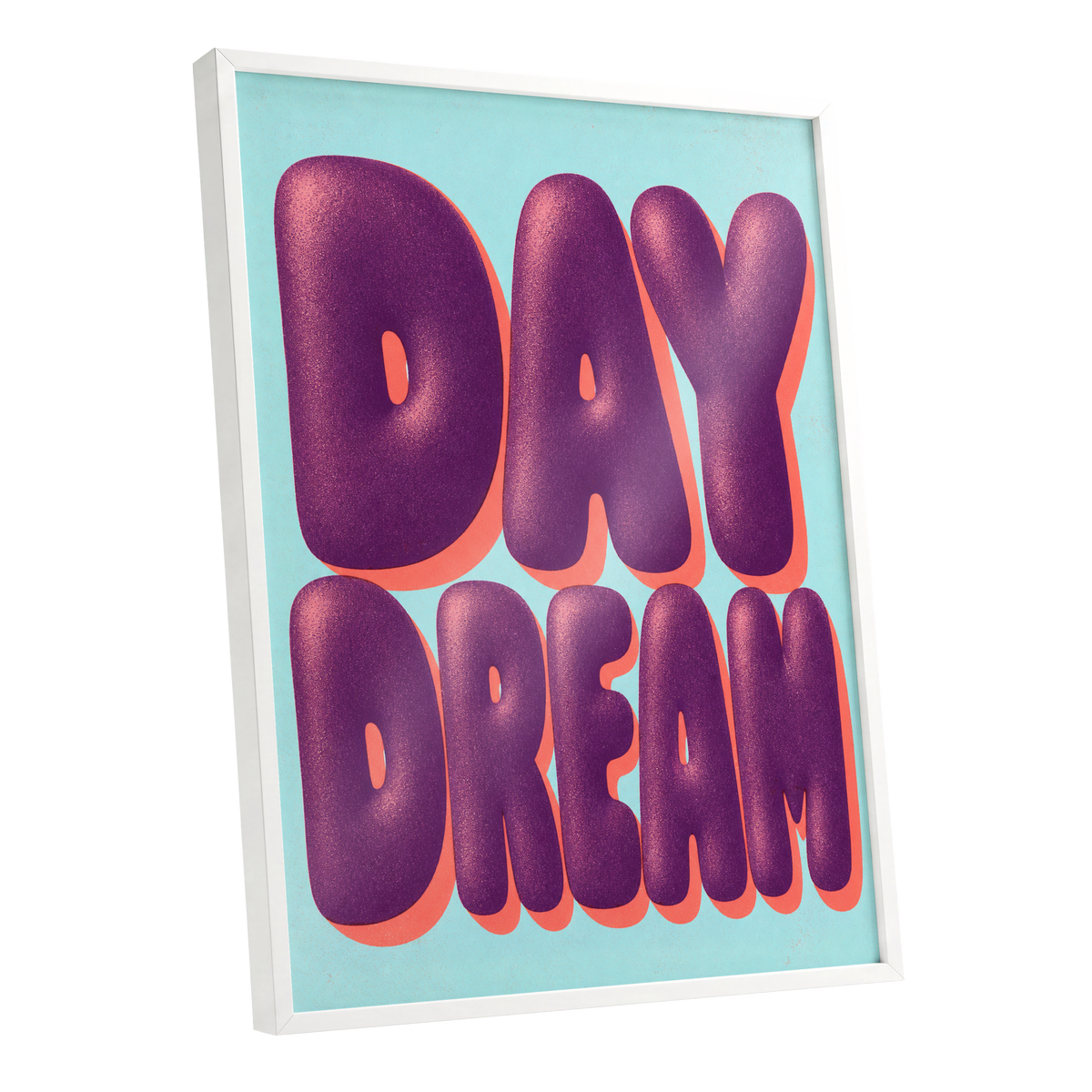 Daydream in Violet, purple, blue, orange minimalist wall art shown as a white framed poster wall art print