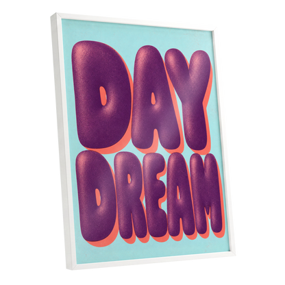 Daydream in Violet, purple, blue, orange minimalist wall art shown as a white framed poster wall art print