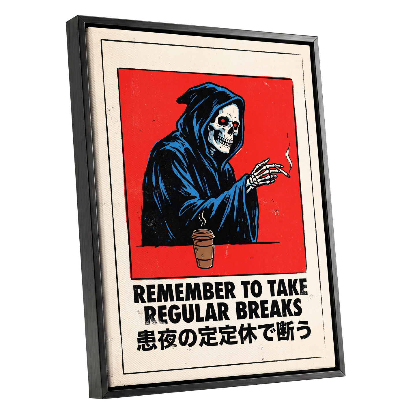 Death Takes a Coffee Break, red, black, beige minimalist wall art shown as a black framed canvas wall art