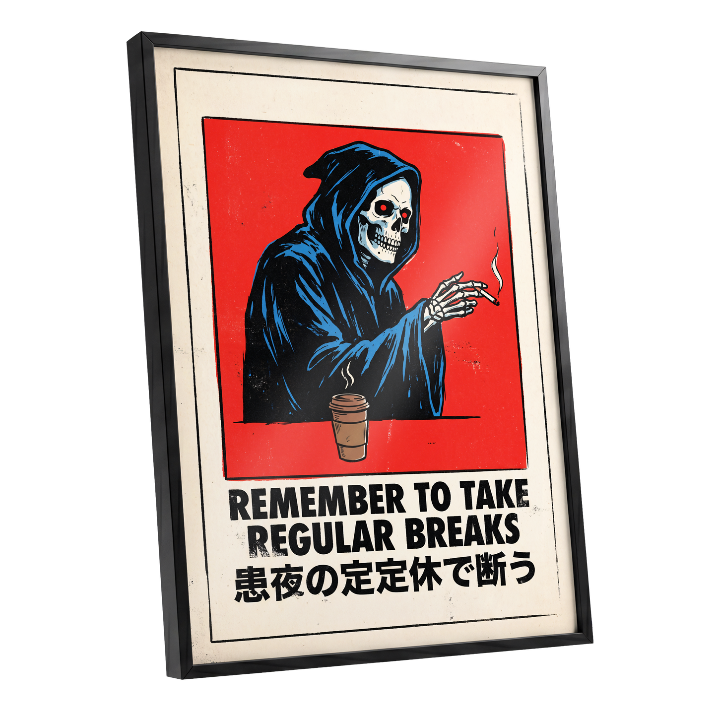 Death Takes a Coffee Break, red, black, beige minimalist wall art shown as a black framed poster wall art print
