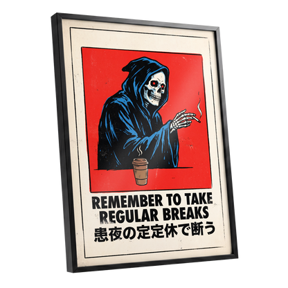 Death Takes a Coffee Break, red, black, beige minimalist wall art shown as a black framed poster wall art print