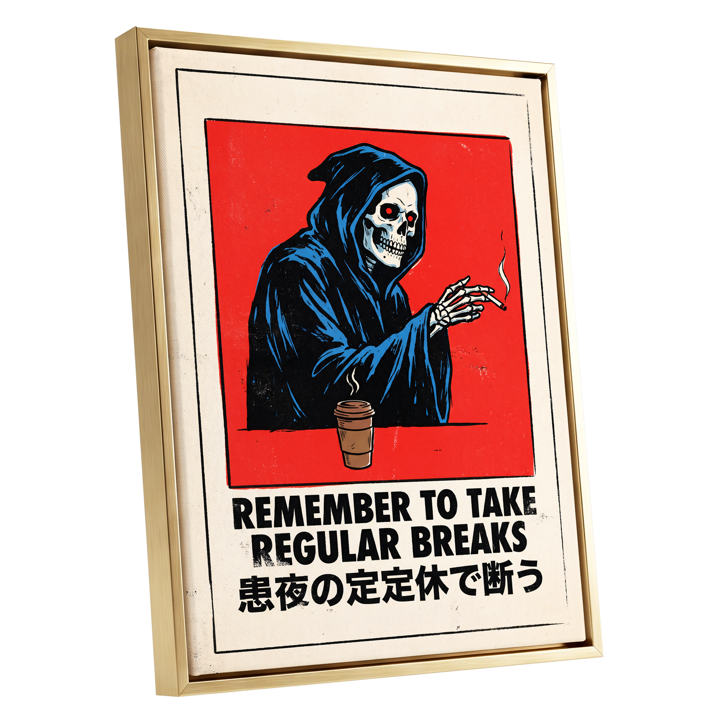 Death Takes a Coffee Break, red, black, beige minimalist wall art shown as a gold framed canvas wall art