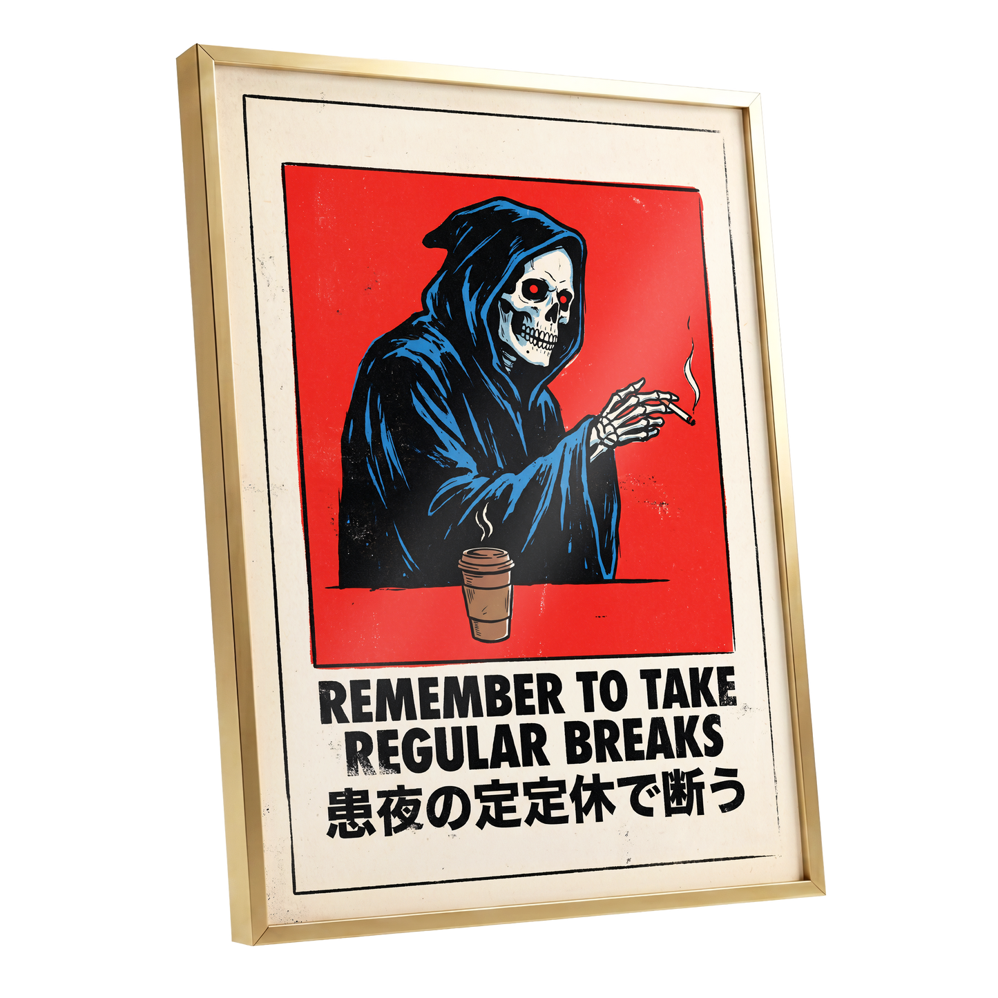 Death Takes a Coffee Break, red, black, beige minimalist wall art shown as a gold framed poster wall art print