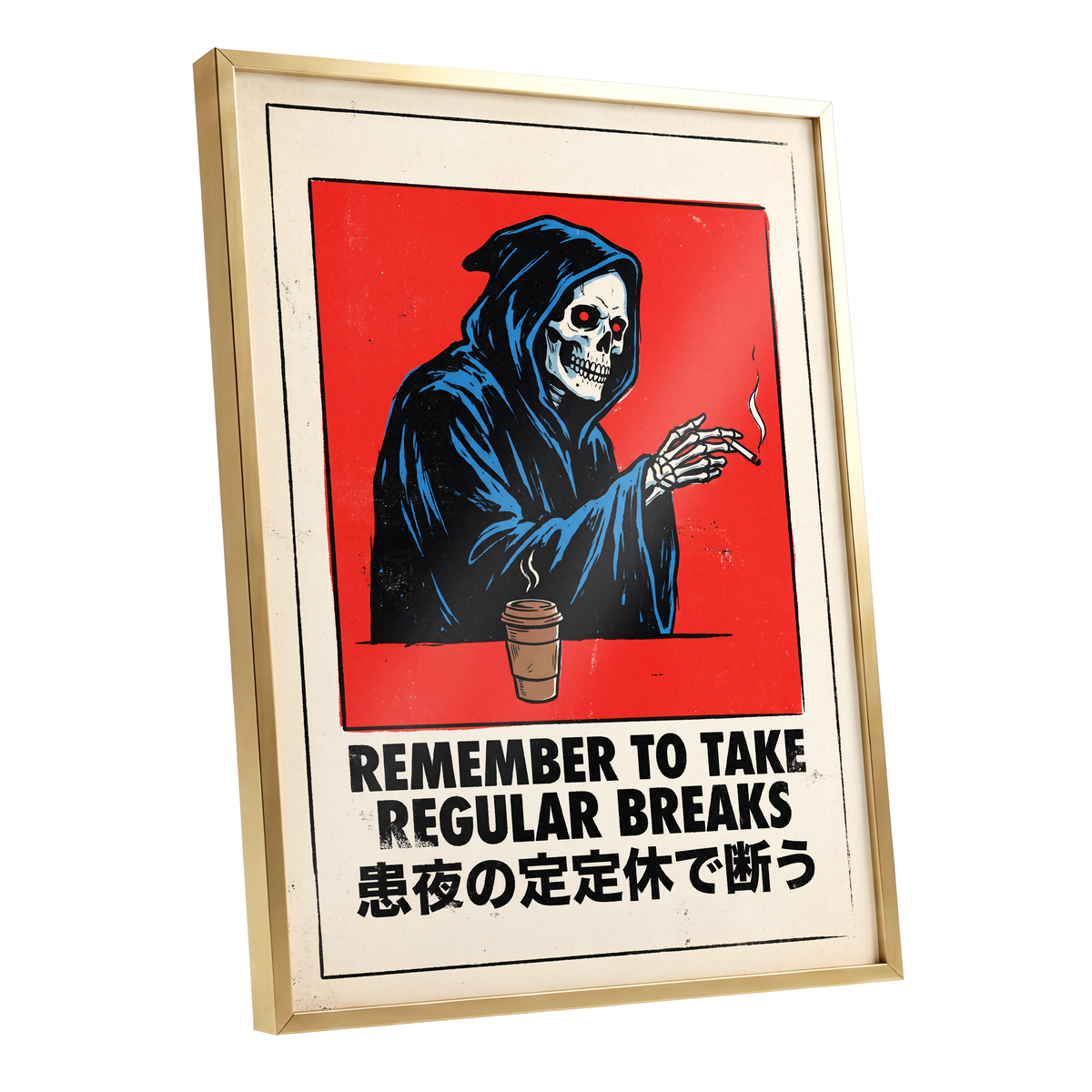 Death Takes a Coffee Break, red, black, beige minimalist wall art shown as a gold framed poster wall art print