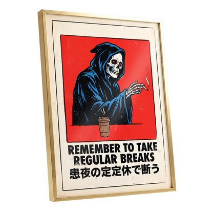 Death Takes a Coffee Break, red, black, beige minimalist wall art shown as a gold framed poster wall art print