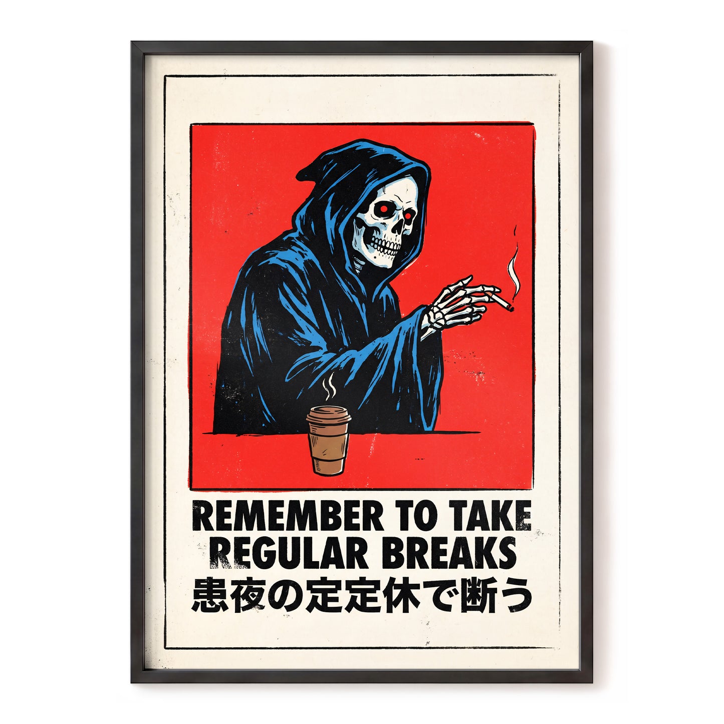 Death Takes a Coffee Break, red, black, beige minimalist wall art, front artwork view