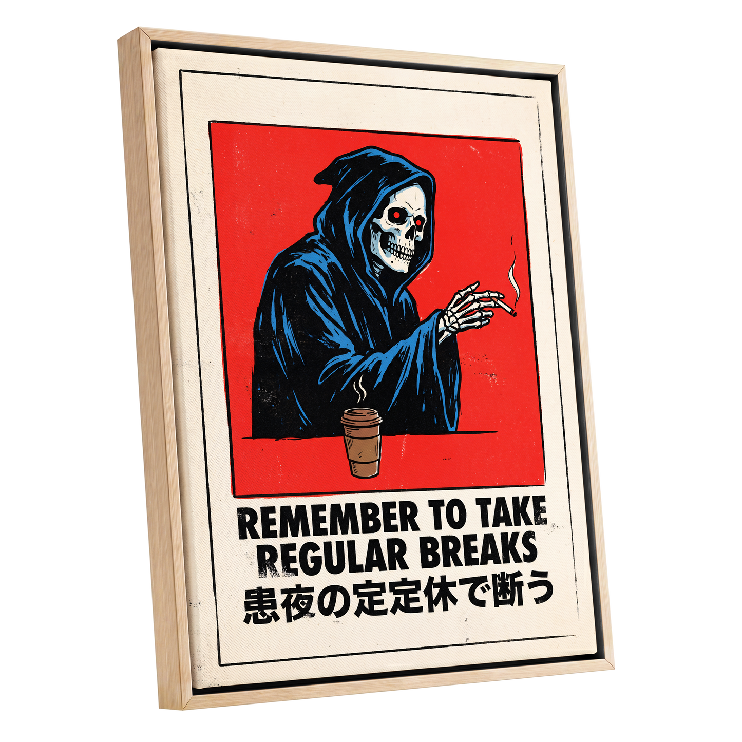 Death Takes a Coffee Break, red, black, beige minimalist wall art shown as a oak framed canvas wall art