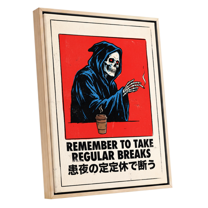 Death Takes a Coffee Break, red, black, beige minimalist wall art shown as a oak framed canvas wall art