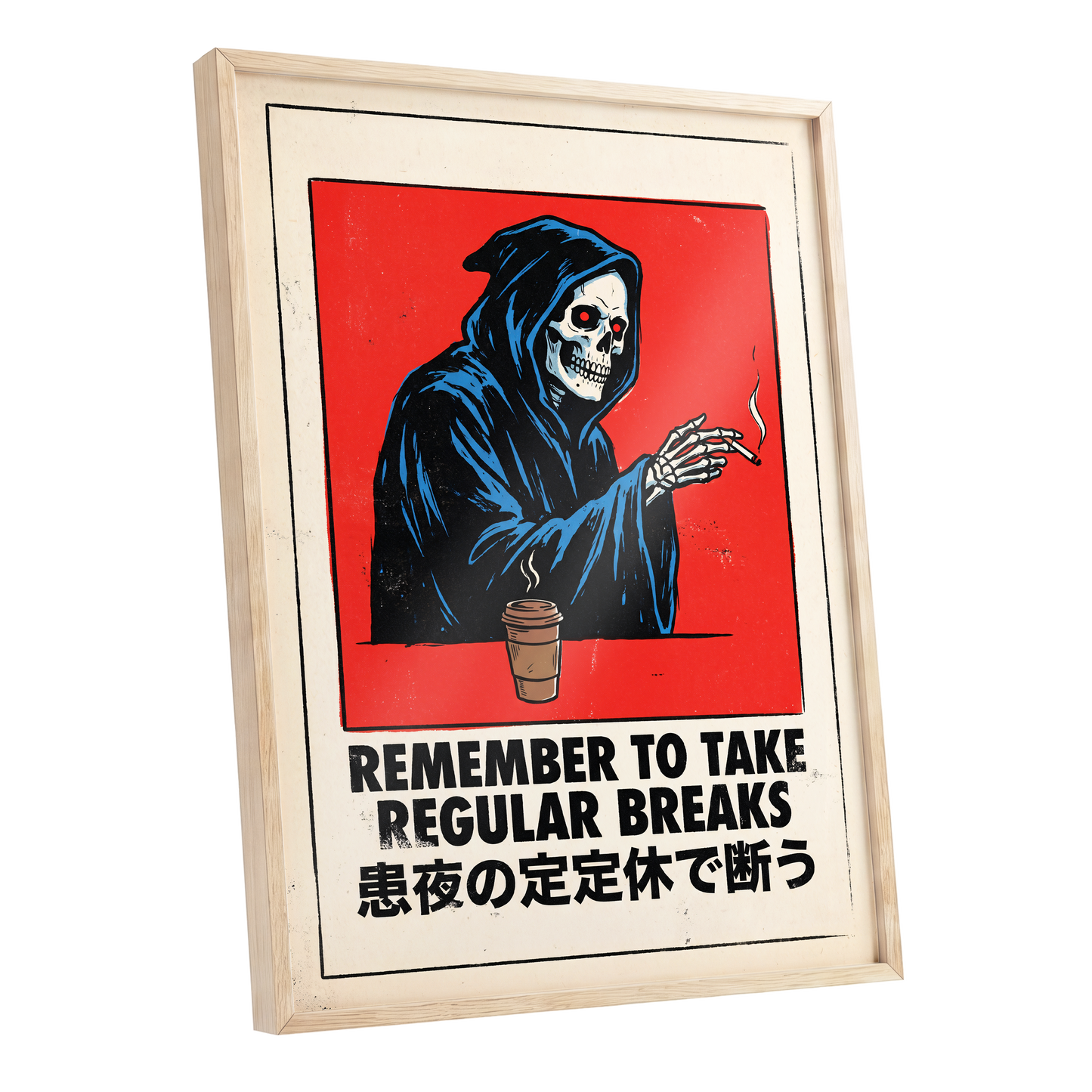 Death Takes a Coffee Break, red, black, beige minimalist wall art shown as a oak framed poster wall art print
