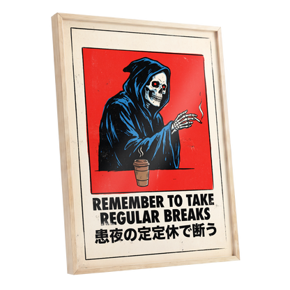 Death Takes a Coffee Break, red, black, beige minimalist wall art shown as a oak framed poster wall art print