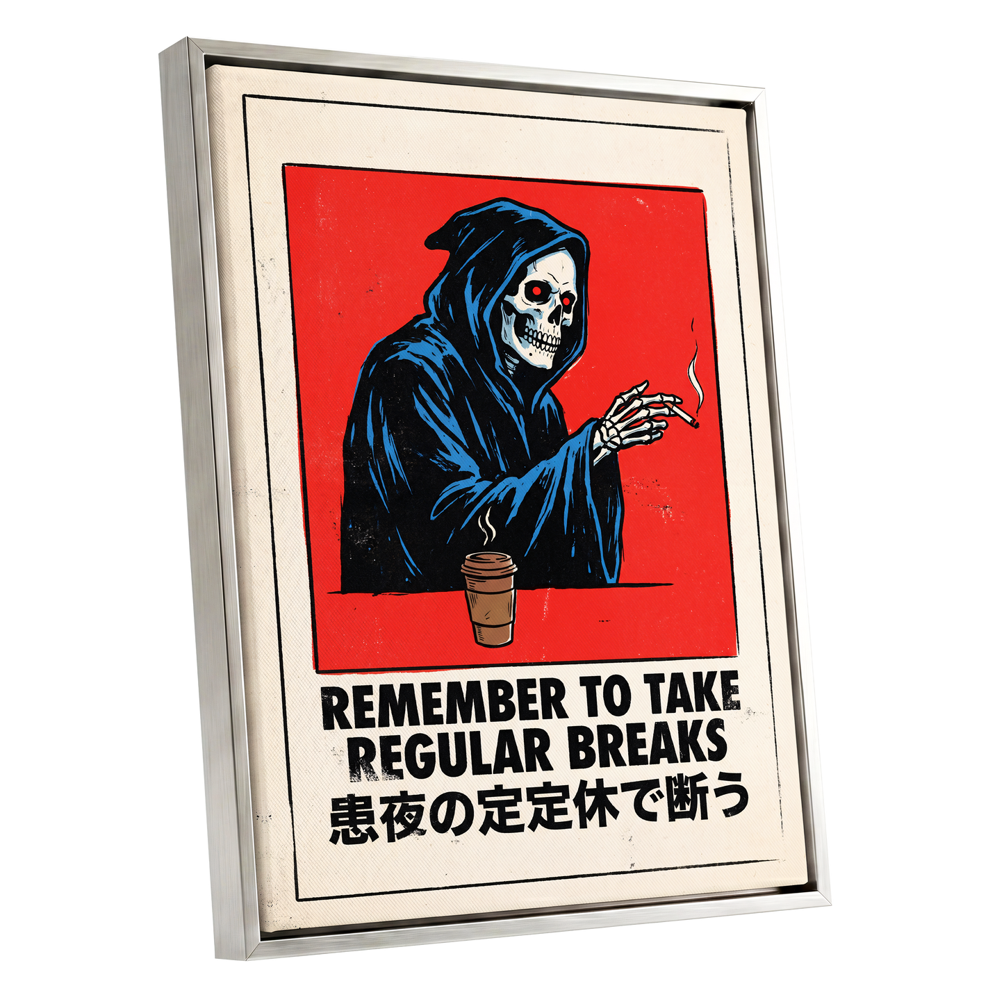 Death Takes a Coffee Break, red, black, beige minimalist wall art shown as a silver framed canvas wall art