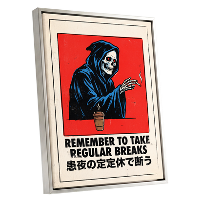 Death Takes a Coffee Break, red, black, beige minimalist wall art shown as a silver framed canvas wall art