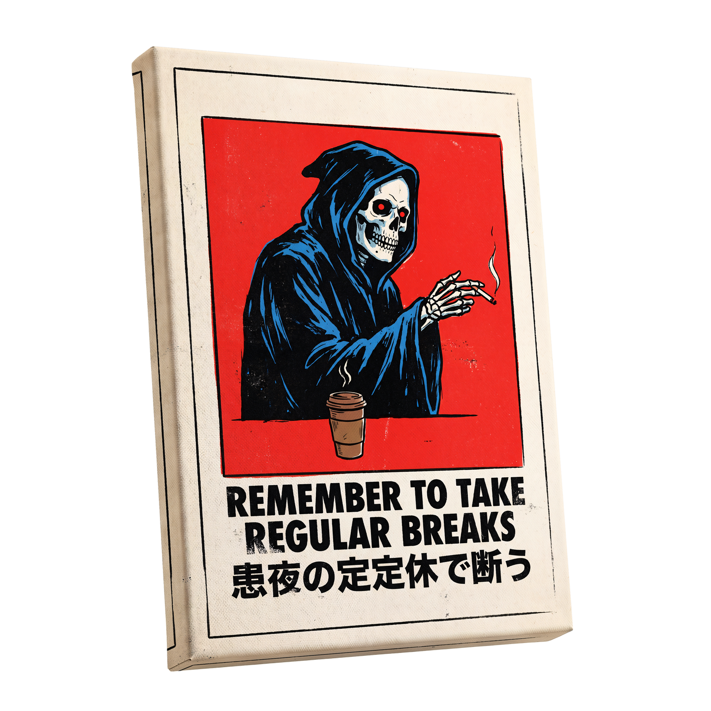Death Takes a Coffee Break, red, black, beige minimalist wall art shown as a stretched canvas wall art