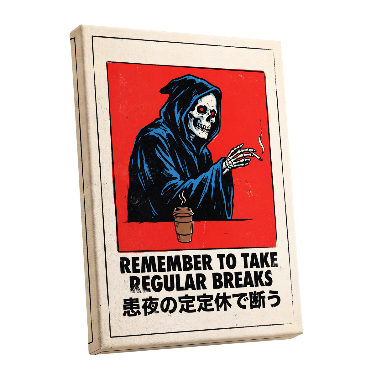 Death Takes a Coffee Break, red, black, beige minimalist wall art shown as a stretched canvas wall art