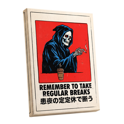 Death Takes a Coffee Break, red, black, beige minimalist wall art shown as a stretched canvas wall art