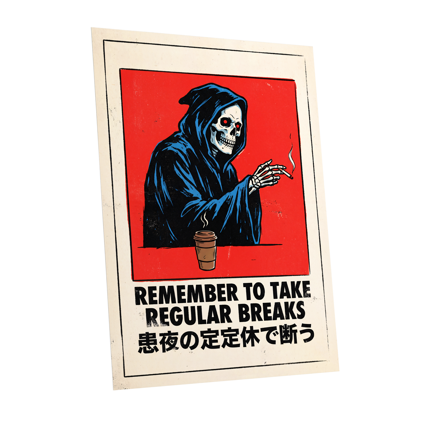 Death Takes a Coffee Break, red, black, beige minimalist wall art shown as a unframed poster wall art print