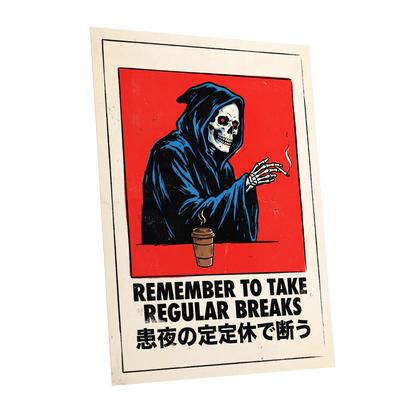 Death Takes a Coffee Break, red, black, beige minimalist wall art shown as a unframed poster wall art print