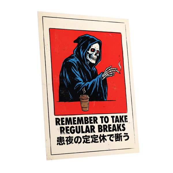 Death Takes a Coffee Break, red, black, beige minimalist wall art shown as a unframed poster wall art print