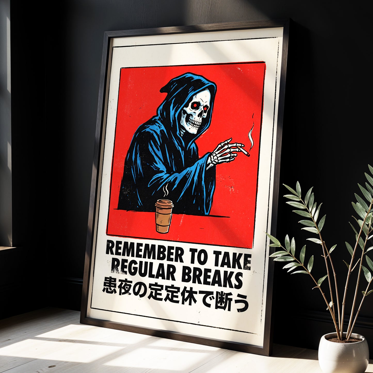 Death Takes a Coffee Break, red, black, beige minimalist wall art displayed in a styled interior, gallery view 2