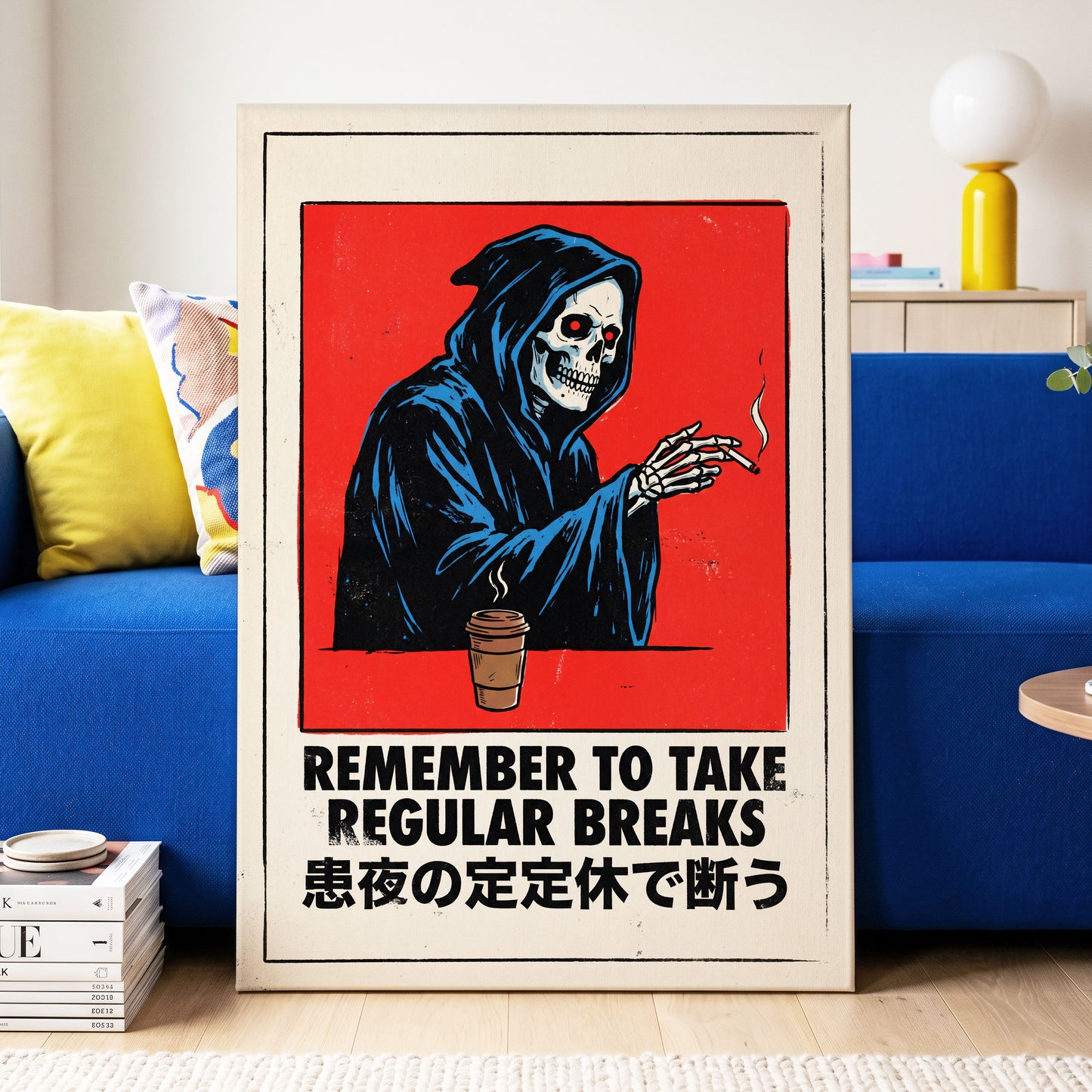 Death Takes a Coffee Break, red, black, beige minimalist wall art displayed in a styled interior, gallery view 3