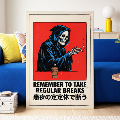 Death Takes a Coffee Break, red, black, beige minimalist wall art displayed in a styled interior, gallery view 3