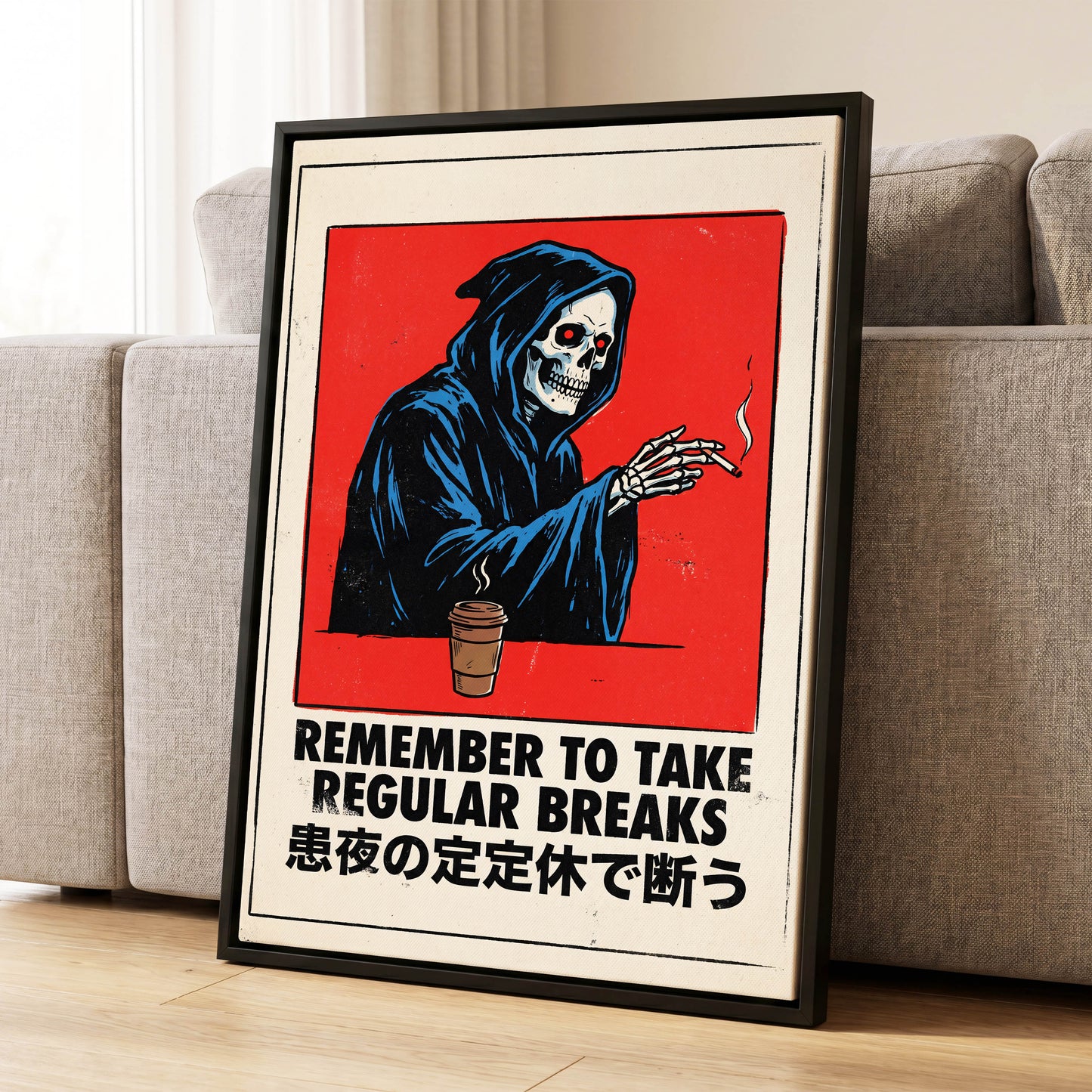 Death Takes a Coffee Break, red, black, beige minimalist wall art displayed in a styled interior, gallery view 4