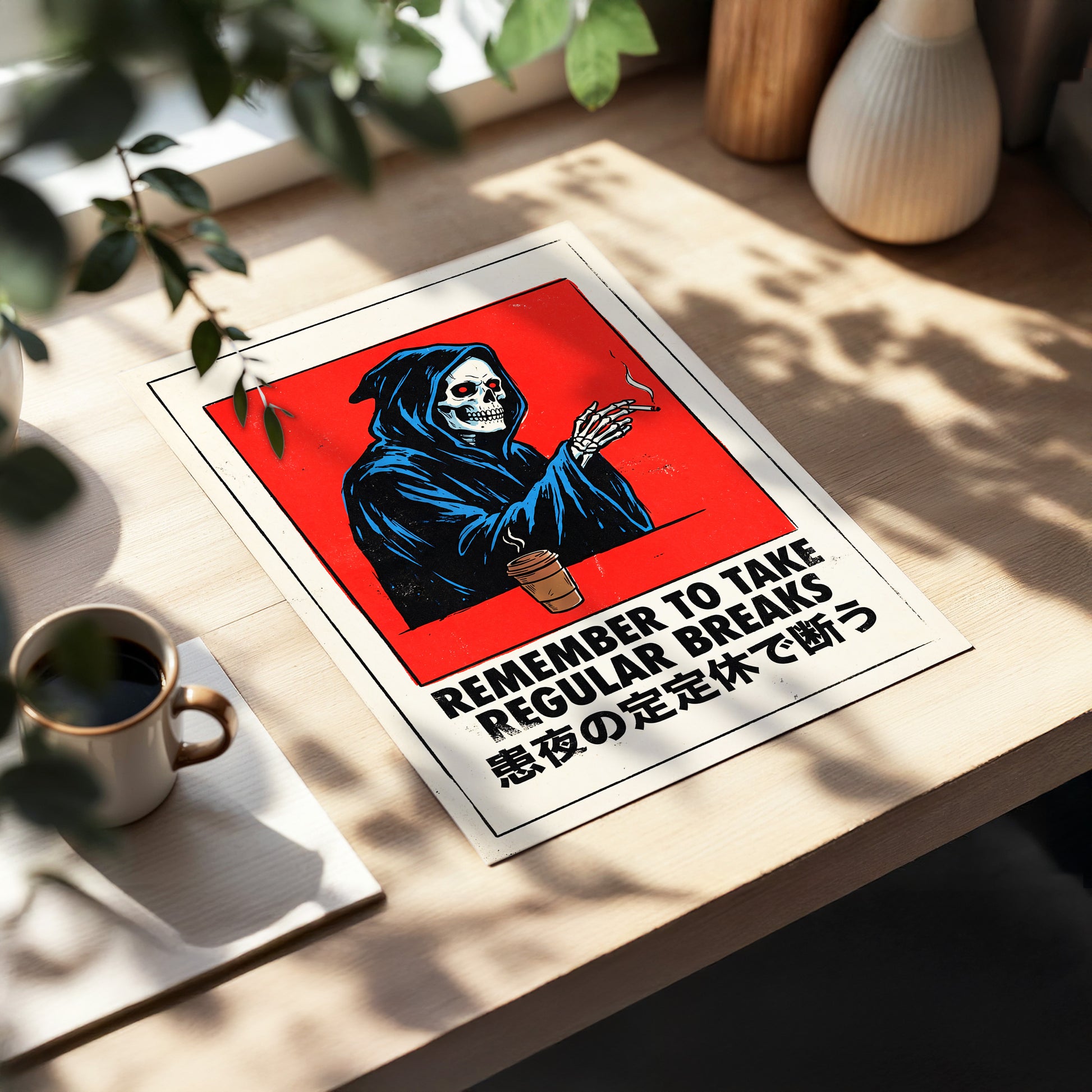 Death Takes a Coffee Break, red, black, beige minimalist wall art displayed in a styled interior, gallery view 5